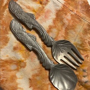 Vintage Pewter Silver Koi Design Serving Set